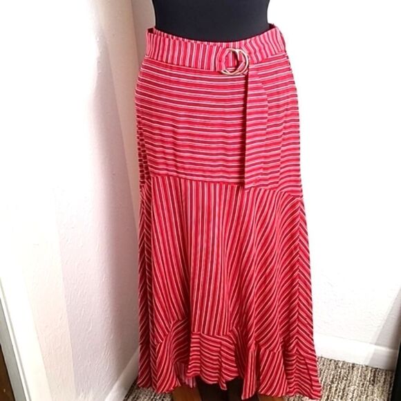 Jennifer Lopez Red & White Stripe High-Low Skirt with Ruffles,  Size Small - Picture 1 of 9
